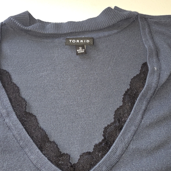 Torrid Deep Teal Size 2 V Neck Choker Sweater Lace Trim 3/4 Sleeve Ribbed Hem - Picture 3 of 7